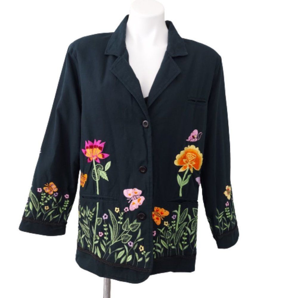 Vintage 90s Quacker Factory Black Embroidered Butterfly & Floral Blazer Jacket